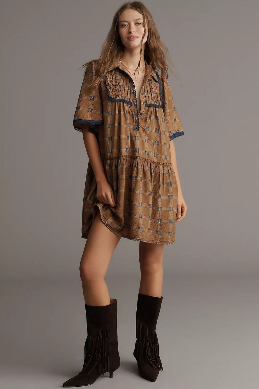 New ANTHROPOLOGIE Pilcro Short-Sleeve Tunic Shirt Dress $158 XXS/XS Brown Motif